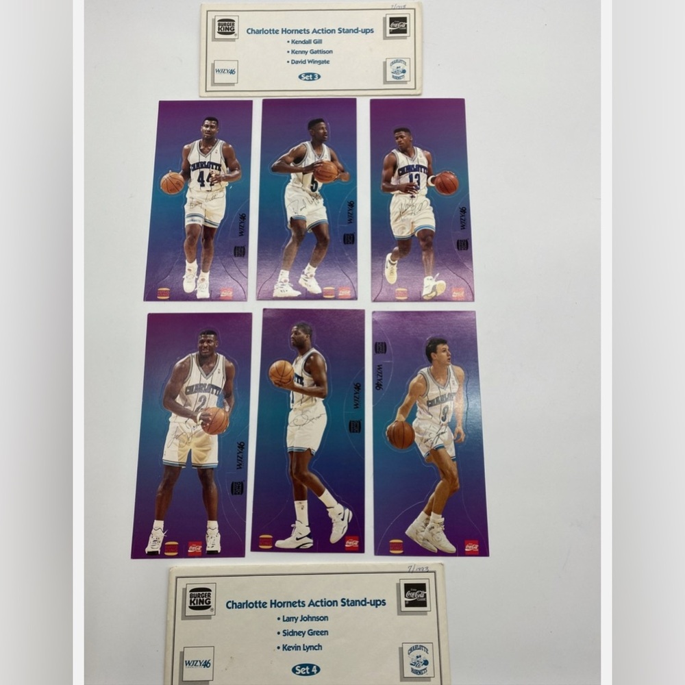 6 VTG Charlotte Hornets Action Stand-ups Set 3, 4 Burger King Johnson Gill Green
